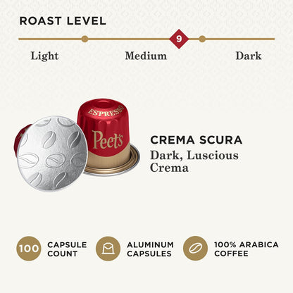 Peet's Coffee, Medium Roast Espresso Capsules, Compatible with Nespresso Original Machine - Crema Scura Intensity 9, 100 Count (10 Boxes of 10 Espresso Capsules)