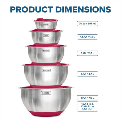Viking Mixing Bowls Set, 10 Piece Stainless Steel Kitchen Cookware, Non-Slip Silicone Base, Includes Tight Fit Lids, Dishwasher Safe, Red