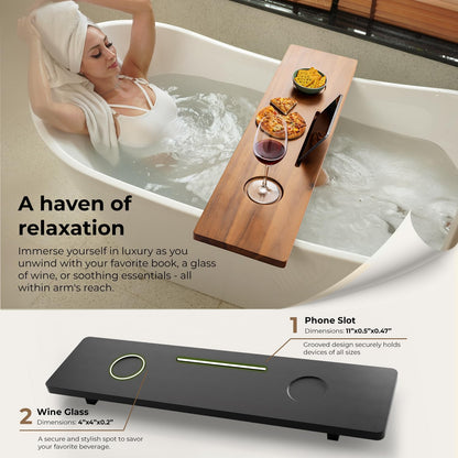 Tinamo Black Bathtub Caddy Tray Table | 35x9x2.5 Inch Large Bath Tub Tray Wooden | Anti-Tipping, Sustainable Tub Tray for Bathtub | Bathtub Accessories Holders for Bathtub (Acacia Wood)
