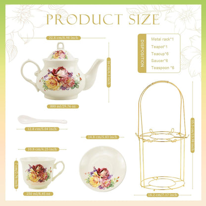 20-Pieces Porcelain Tea Sets For Women, Tea Set For Adult with Golden Metal Rack,Tea Gift Sets for Home&Party(013)