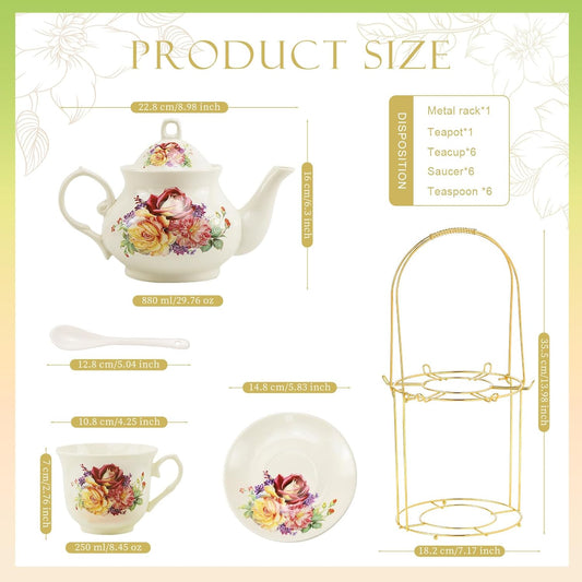 20-Pieces Porcelain Tea Sets For Women, Tea Set For Adult with Golden Metal Rack,Tea Gift Sets for Home&Party(013)