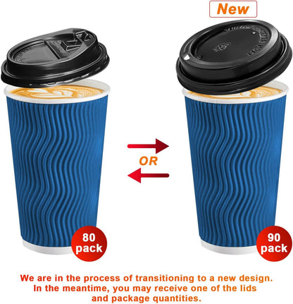 80 Pack 16 oz Disposable Coffee Cups with Lids and Straws, Insulated Ripple Wall To Go Paper Coffee Cups for Coffee, Hot Chocolate and Hot Tea Drinks - Navy