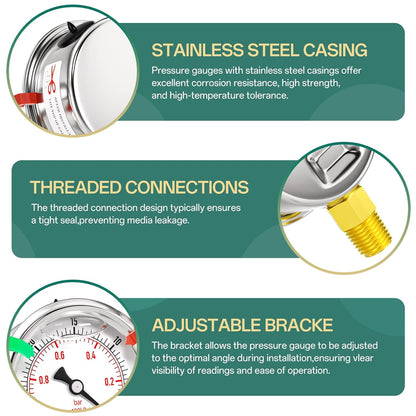 -30inHG-0psi Stainless Steel Glycerin Liquid Filled Vacuum Pressure Gauge 1/4" NPT 2.5" Face Dial Center Lower Mount, for Water, Oil and Air Pressure Testing (with Range Mark Pointer)