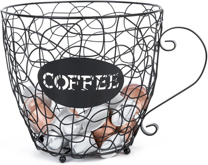 Coffee Pod Holder, Super Large Capacity K-Cup & Nespresso Capsule Basket, XL Metal Kcup Storage, Bar Organizer for Kitchen Dinning Room Office Home Cafe Hotel (Black-Round-Cup)