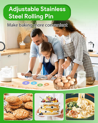 Adjustable Rolling Pin with Thickness Rings for Baking, Adjustable Stainless Steel Designs Dough Roller Pins for Cookie Decorating & Dough Pizza Pie Adjustable Long Rolling Pin 23.6 Inch