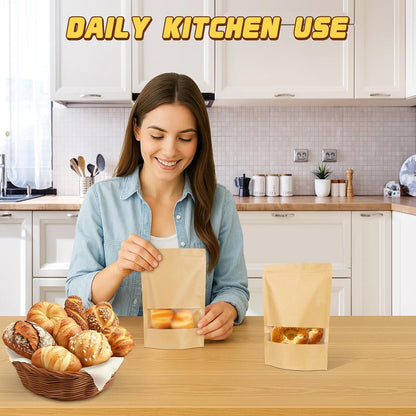 Jetmore-50pack-Smell-Proof-Bag, Reusable Zip Lock Bags with Window, Resealable Stand Up Packaging Bags, Brown Paper Pouches for Coffee, Tea, Herbs, Spice, Snack, Baked Goods, Goodie Bags