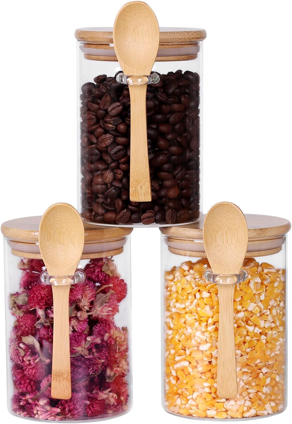 Glass Jars with Bamboo Lids and Spoon, 17 OZ Set of 3 Small Glass Sugar Container with Wooden Lids and Scoop, Coffee Tea Jars for Loose Tea, Coffee Bar Containers