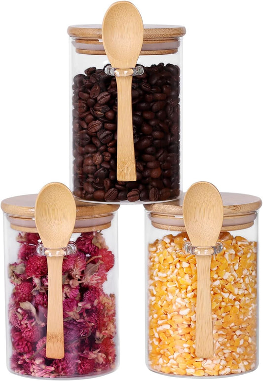 Glass Jars with Bamboo Lids and Spoon, 17 OZ Set of 3 Small Glass Sugar Container with Wooden Lids and Scoop, Coffee Tea Jars for Loose Tea, Coffee Bar Containers