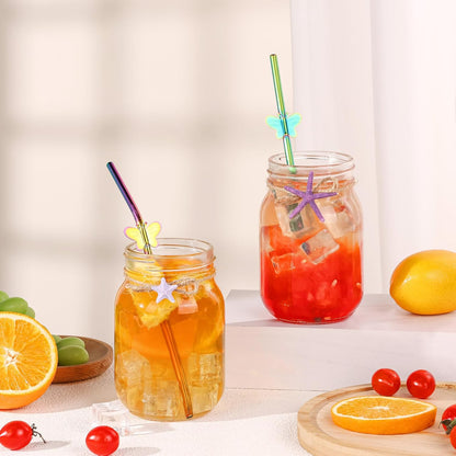 8 Pack 8" Reusable Stainless Steel Metal Straws Colorful, 4 Straight + 4 Bent Metal Drinking Straws for Tumblers Beverage Drink with Butterfly Charms and 1 Cleaning Brush