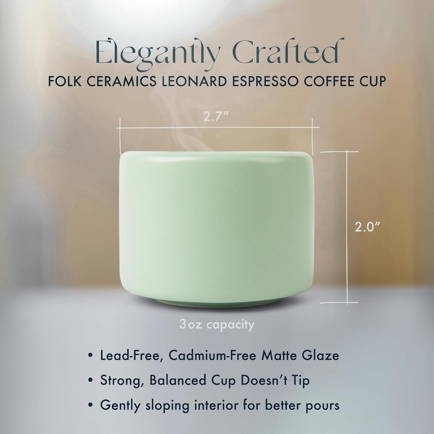 Folk Ceramics Leonard Ceramic Espresso Cups | Modern Stackable Demitasse Mugs for Espresso | Double Walled, Handleless, Durable, Dishwasher & Microwave Safe | 3oz, Set of 2 | Misty Green