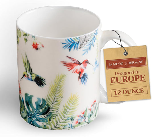 Maison d' Hermine Coffee Mug with Handles Fine Bone China Mugs Pack of One Tea Cups for Hot Beverages Cappuccino Latte Home Restaurant Office Perfect for Gift (Tropiques - Colibris, 12 Ounce)