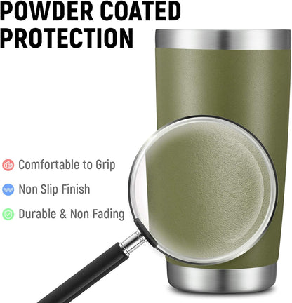COMOOO 20oz Double Wall Vacuum Insulated Travel Mug, Stainless Steel Tumbler with Lid and Straw Durable Powder Coated Insulated Coffee Cup for Cold & Hot Drinks (Army Green, 2 Pack