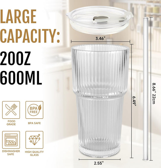 20oz Ribbed Glass Cups with Lids and Straws, Vintage Glass Tumbler with Straw, 2 Piece Iced Coffee Cups Set, Thicked Wall Drinking Glasses Ideal for Coffee, Smoothies, Juices Matchas