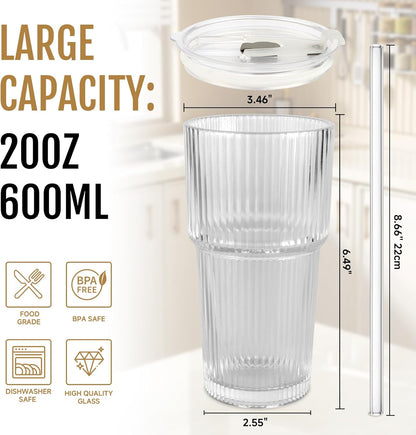 20oz Glass Cups with Lids and Straws, 4 Pack Vintage Ribbed Glass Tumblers for Iced Coffee, Smoothies, Thickened Wall Mason Jar Drinking Iced Coffee Cup