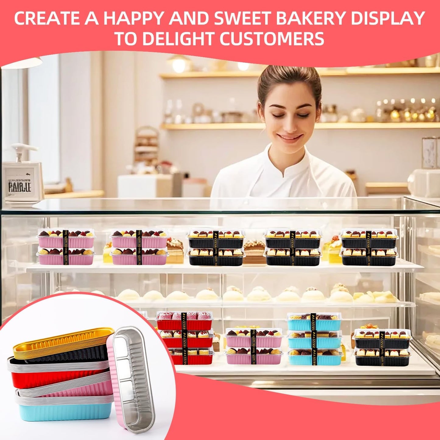 Mini Loaf Pans with Lids and Spoons Sealing Sticker,120 Pcs 6.8oz Cake Pans for Baking Disposable Aluminum Foil Red cake pan (mixed)