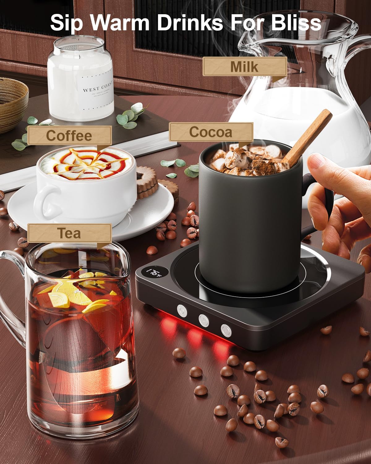 Mug Warmer - 36W Coffee Mug Warmer for Desk with Temperature Display, 2-12Hrs Auto Shut Off, Smart Candle Warmer - Ideal Coffee Gifts Accessories Keep Beverages Coffee Warmer (Black)