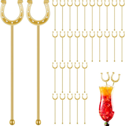 6 Inch Derby Drink Plastic Stirrers Swizzle Sticks for Cocktails Coffee Reusable U Shaped Horseshoe Drink Stirrers for Coffee Beverage Party Bar Weddings Events(Gold,60 Pcs)