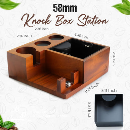 Espresso Knock Box & Tamping Station - Coffee Organizer Box for 58mm Tamper, Distributor, Portafilter Accessories - Includes Cleaning Brush