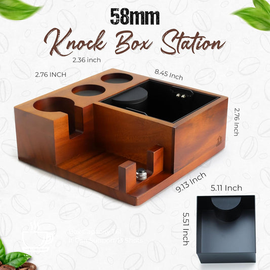 Espresso Knock Box & Tamping Station - Coffee Organizer Box for 58mm Tamper, Distributor, Portafilter Accessories - Includes Cleaning Brush