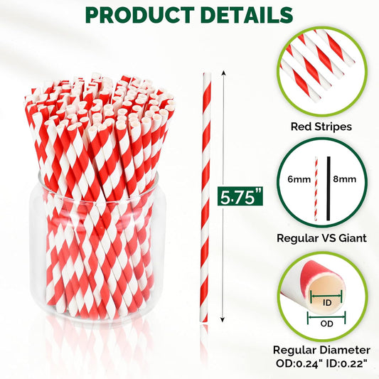 [500 Counts] Chunspak 5.75 inch Disposable Red White Striped Small Paper Straws for Cocktail, Coffee and Short Drinks - Eco-friendly