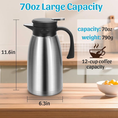 70oz Thermal Coffee Carafe, Double Wall Vacuum Thermos for Hot Drinks, Stainless Steel Carafe for Hot Liquids Large Tea Thermos for Home School Office for Valentine's Day (Classic Silver)