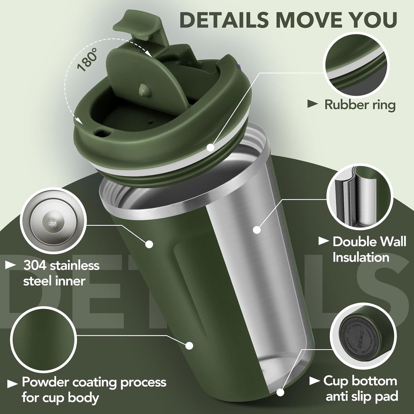 Volhoply 12 oz Double Wall Insulated Vacuum Travel Coffee Mug with Flip Lid Bulk 4 Pack,Reusable Stainless Steel Leak Proof Coffee Cups,Portable Thermal Tumbler for Hot & Cold Drinks(Army Green,4 Set)