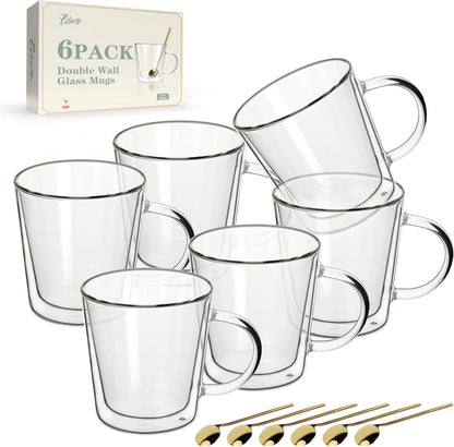 LIBWYS 12oz Double Wall Glass Coffee Mugs, Cappuccino Latte Tea Cups with Handle, Heat Resistant Borosilicate Insulated Clear Glasses (Set of 6)