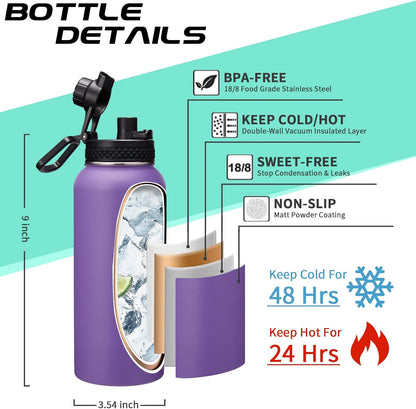 32 oz Water Bottles with Straw & Spout Lid, Paracord Handle & Strap, Double Wall Insulated Flask Water Bottle, Reusable Wide Mouth Gym Water Bottles for Women and Men for Fitness Sports