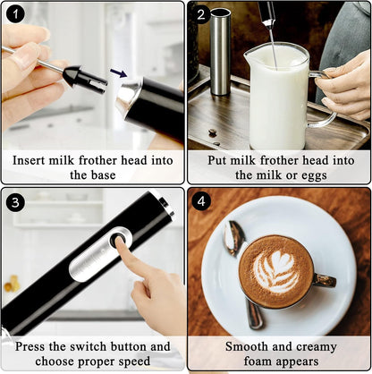 Electric Double Whisk Milk Frother Handheld Black USB Rechargeable Drink Mixer, 3 Speeds Adjustable Electric Whisk Foam Maker Detachable for Coffee, Lattes, Matcha, Hot Chocolate