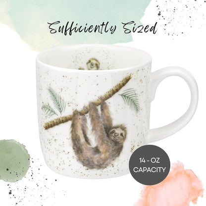 Royal Worcester Wrendale Designs Farmhouse Style Mug, Hanging Around - 14 oz Fine Bone China Mug with Sloth Illustration for Cozy Kitchen Vibes - Floral Drinkware for Daily Comfort