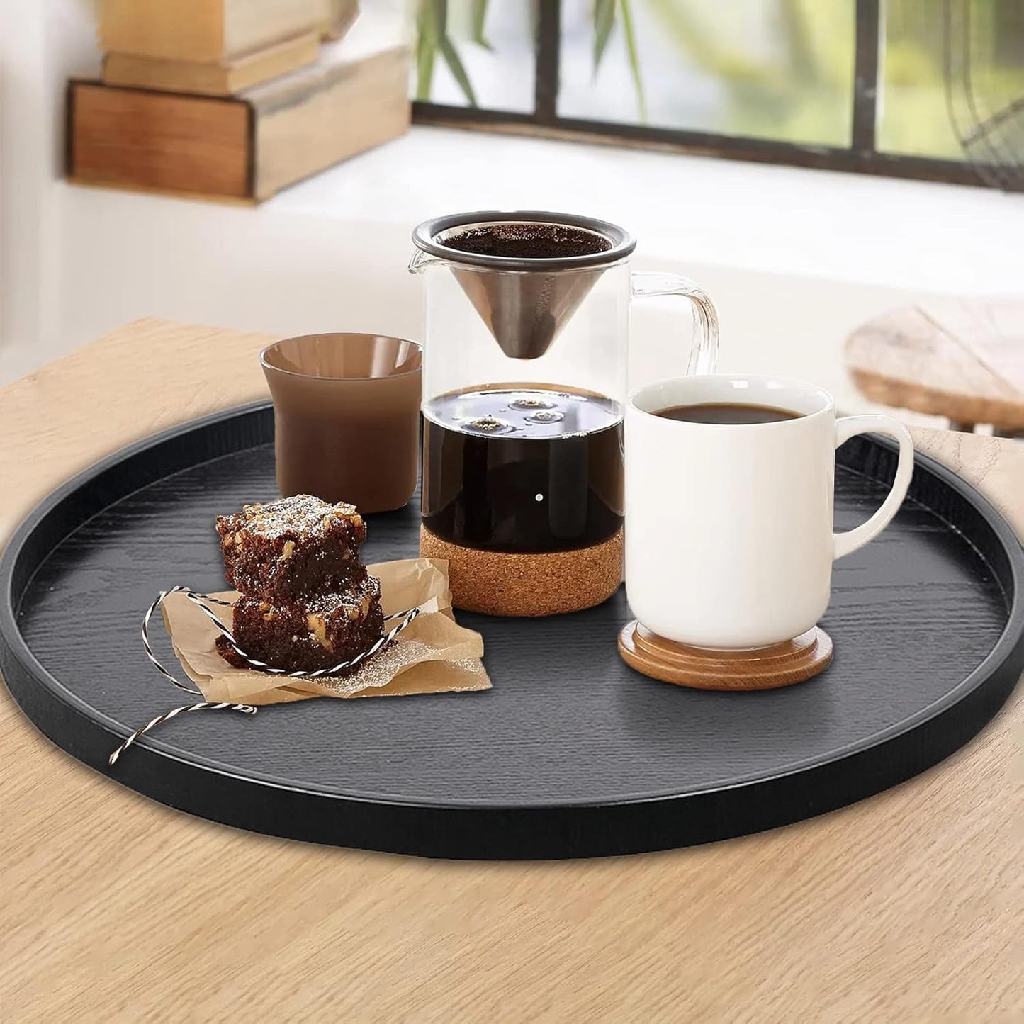 Round Solid Wood Serving Tray Extra Large Tea Coffee Snack Food Meals Serving Plate Non-Slip Kitchen Party Bar Server Ottoman Tray Breakfast Tray with Raised Edges (18inch/45cm) Black