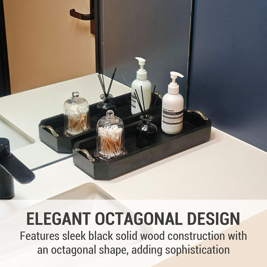 MyGift 16 Inch Modern Matte Black Toilet Tank Tray, Bathroom Sink Counter Solid Wood Octagonal Organizer with Aged Bronze Metal Handles, Wooden Vanity Storage Decor