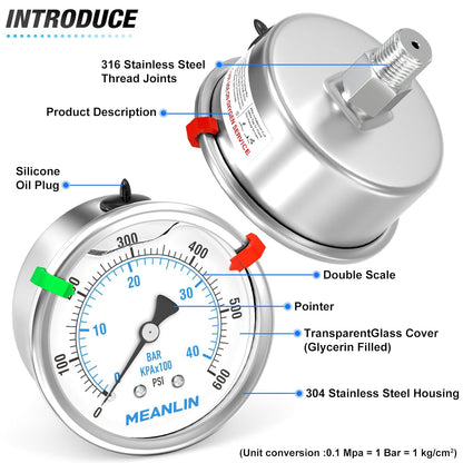 MEANLIN MEASURE 0~600Psi Stainless Steel Liquid Filled Pressure Gauge 2.5" FACE DIAL 1/4" NPT for WOG Water Oil Air Back Mount with Stainless Steel Hex Bushing and Snaps