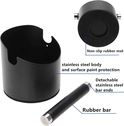 Espresso Knock Box, Stainless Steel Coffee Grounds Knock Box, With Removable Knock Bar and Non-Slip Rubber Base (Black)