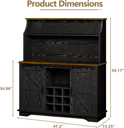 47 Inch Farmhouse Coffee Bar Cabinet with 3-Tier Storage, Kitchen Hutch with 9 Wine Racks & 3 Glass Holders, Coffee Bar with 6 Hooks, Wine Bar Cabinet for Dining Living Room, Black