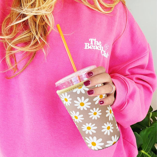 Reusable Insulated Neoprene Iced Coffee Cup Sleeve, Durable Drink Sleeve for Cold Beverages, Beverage Holder for iced coffee, Sunny Daisies