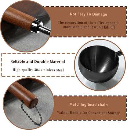 2pcs Vintage Coffee Measuring Spoon， 30ml/10g Capacity Coffee Scoop for Ground Coffee、Coffee Beans and Tea，304 Stainless Steel Coffee Spoons with Long Wooden Handle（Black)
