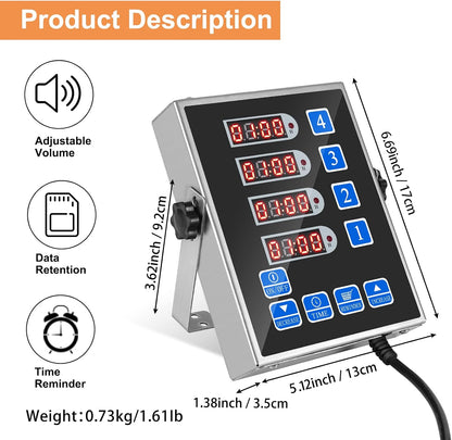 Kitchen Timers for Cooking – 4 Channel Commercial Kitchen Timer Restaurant Kitchen Supplies – Stainless Steel LED Technology Kitchen Timer Digital – Reminder Function, Loud Alarm, Black
