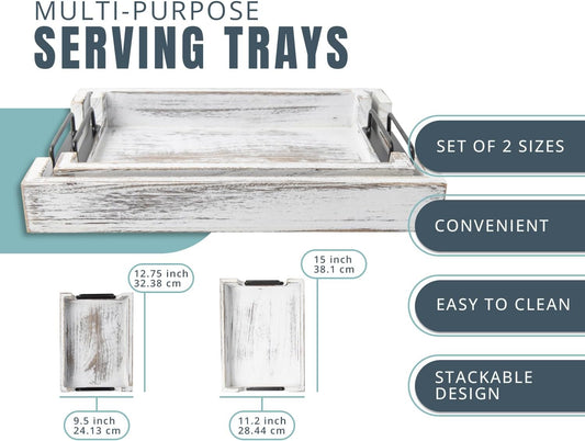 Rustic Wooden Serving Trays with Handle - Set of 2 - Large and Small Nesting Multipurpose Trays - for Breakfast, Coffee Table/Butler & More - Rustic White