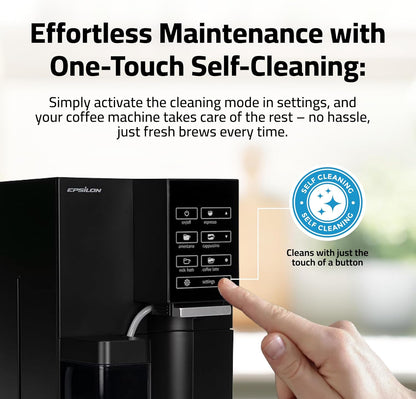 Epsilon Fully Automatic Coffee Machine with Grinder, Coffee & Espresso Maker Combo, Built-In Milk Frother, One Touch Self Cleaning, Super Automatic Custom Brewing Coffee Machine