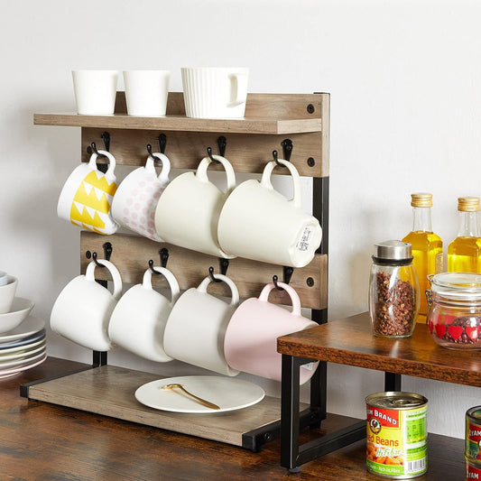 IBUYKE Rustic Coffee Mug Holder Stand, 2 Tier Countertop Mug Tree Holder Rack with Storage Base, Vintage Mug Holders for Kitchen, Holds 8 Mugs, Beige UTBJ002Y