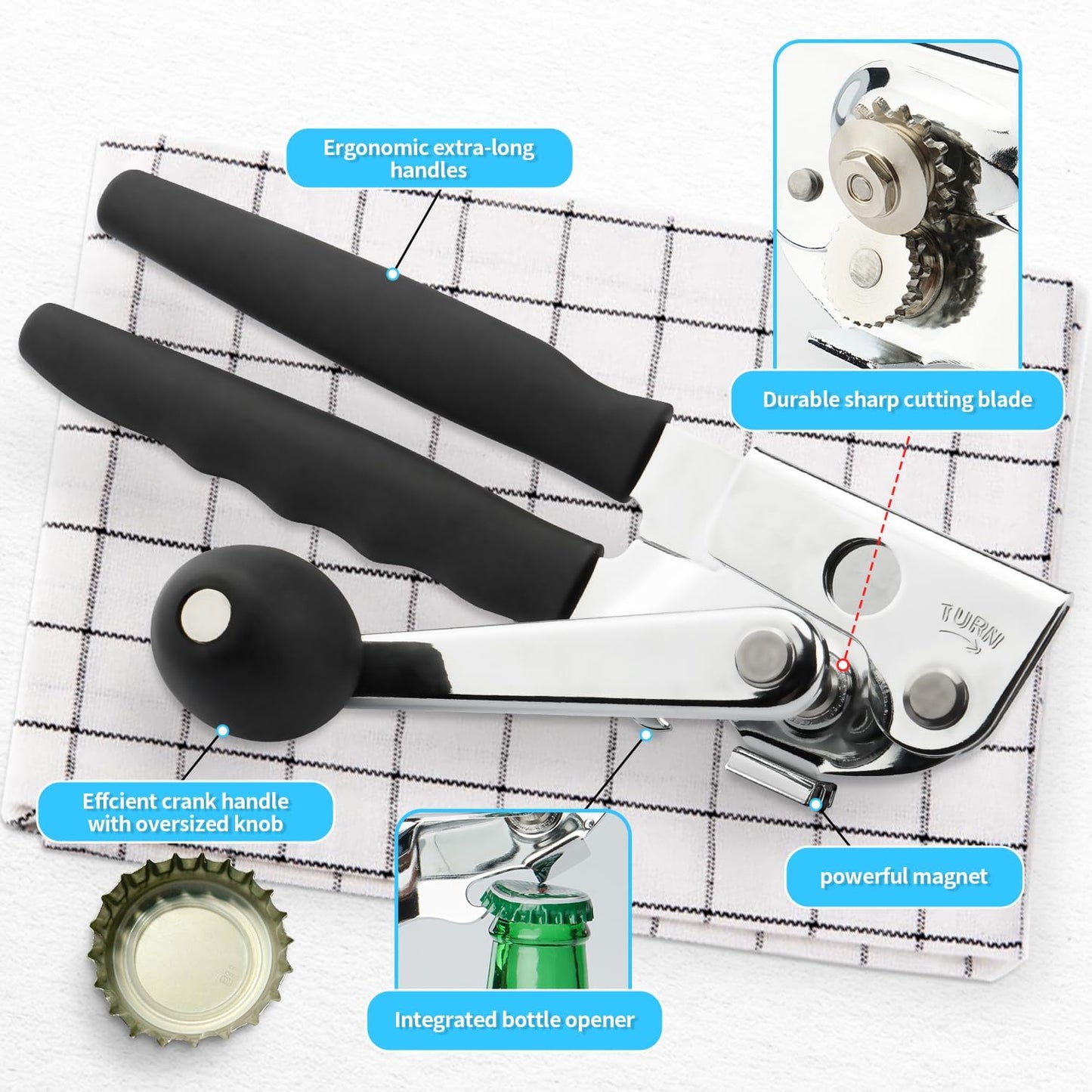 Commercial Can Opener,Stainless Steel Heavy Duty Hand Crank Can Openers with Comfortable Extra-long Handles,Ergonomic Design,Black