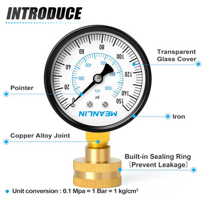 MEANLIN MEASURE 0-150psi Water Pressure Gauge,3/4" Female 2.5" FACE DIAL Water Pressure Test Gauge with Sealing Ring, Water Pressure Gauge for Home