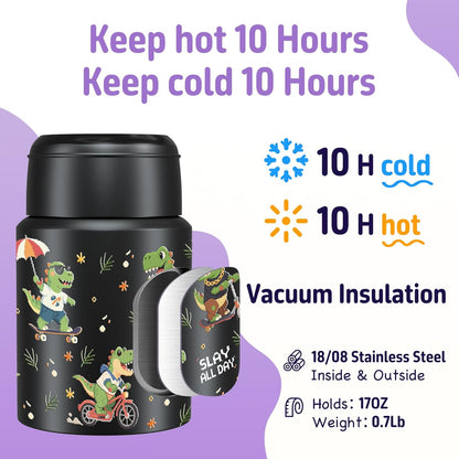 2-Pack Stainless Steel Vacuum Insulated Food Jar with Spoon, Soup Thermo Hot & Cold for Kids & Adults, Leakproof Insulated Lunch Containers with Carry Bag, 17oz.(Black-Dinosaur)