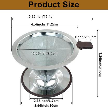 Waziaqoc Pour Over Coffee Dripper, Reusable Paperless Coffee Filter for 2-3 Cups, Stainless Steel Drip Cone Brew Coffee Strainer,Upgraded Double Micro Mesh Filter with Cup Stand
