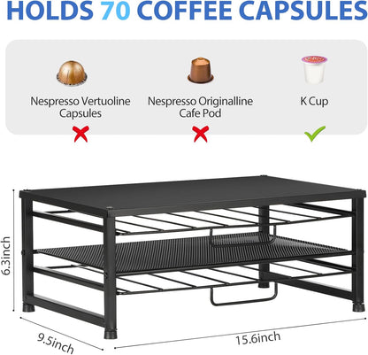 K Cup Holder Organizer for 70 Pods, 2-Tier Coffee Pod Holder for K-Cup with 2 Sliding Storage Drawers, Coffee Station Bar Organizer for Kitchen Countertop, Home & Office, Frosted Black