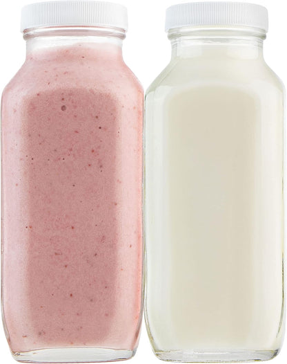 16oz Square Glass Milk Bottles with Plastic Airtight Lids -Vintage Reusable Dairy Drinking Jars Containers for Milk, Yogurt, Smoothies, Juice, Kefir, & Water -2 Pack 16 oz Glass Bottles with Lids
