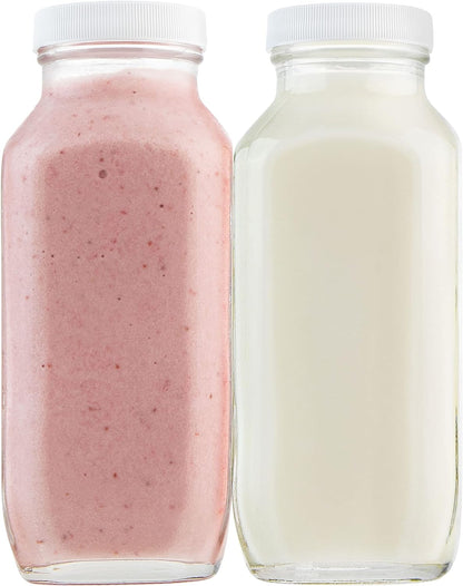 kitchentoolz 16oz Square Glass Milk Bottles with Airtight Plastic Lids – Pack of 4 | Reusable Milk Containers for Fridge & Lunchbox Storage – Ideal for Dairy, Smoothies, Juice, Water & More