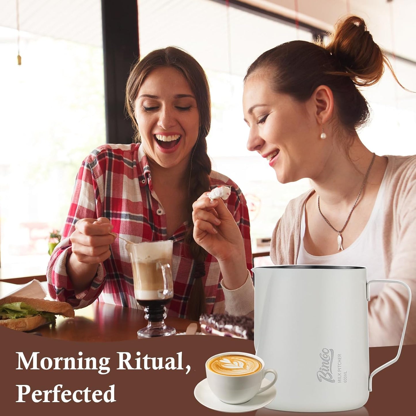 Milk Frothing Pitcher - 600ml/20oz Milk Frother Cup Espresso Steaming Pitcher for Barista, Bincoo SUS304 Stainless Steel Espresso Steaming Pitchers for Latte Art/Cappuccino/Coffee/Milk (White-600ml)