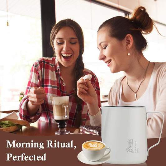 Milk Frothing Pitcher - 600ml/20oz Milk Frother Cup Espresso Steaming Pitcher for Barista, Bincoo SUS304 Stainless Steel Espresso Steaming Pitchers for Latte Art/Cappuccino/Coffee/Milk (White-600ml)